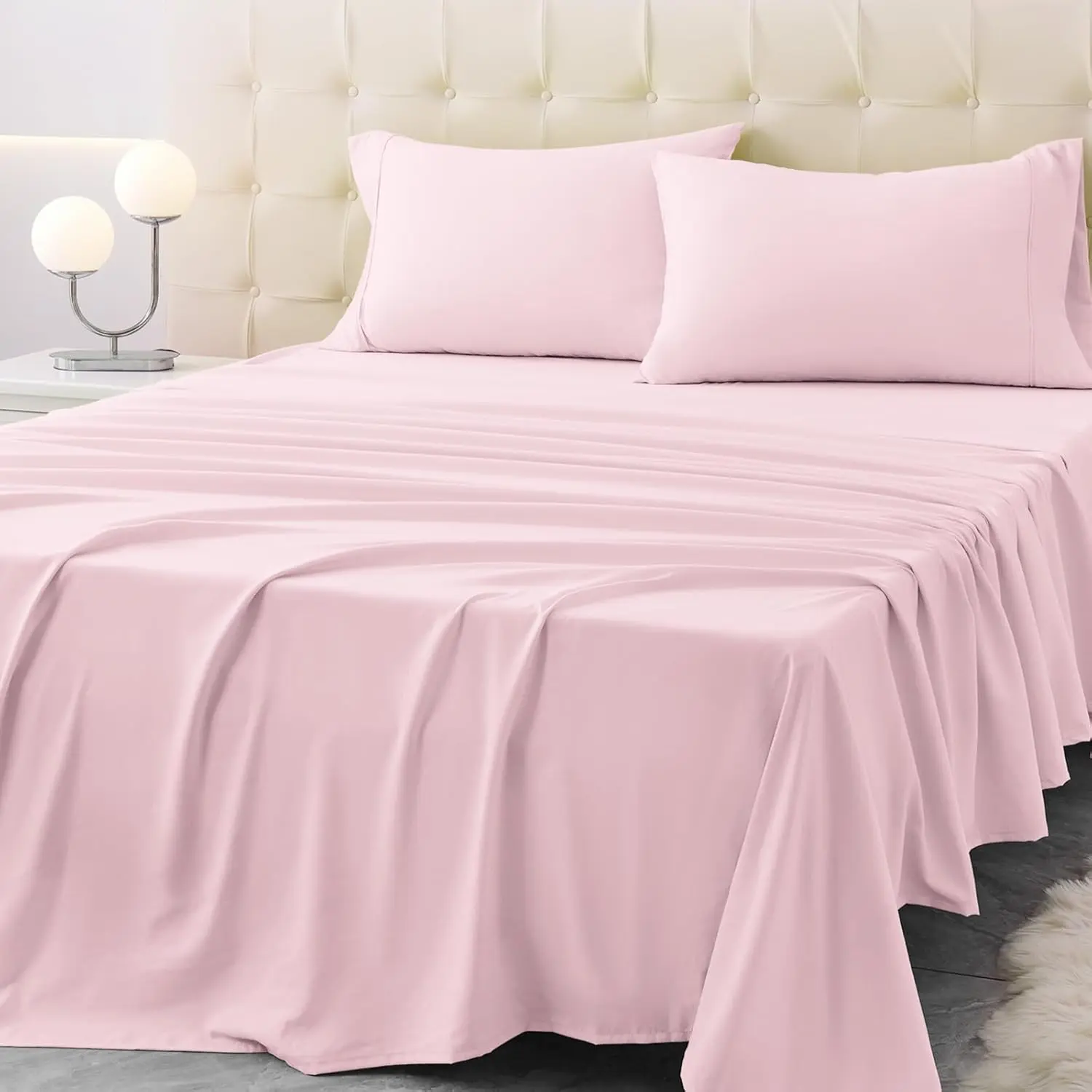 Blush Pink Queen Size Bed Sheet Set - 4-Piece Soft Microfibre Bedding with Deep Pockets, Cooling Technology, Wrinkle-Free Pillowcases, Hotel-Quality Durability, Machine Washable, Low Heat Drying Compatible