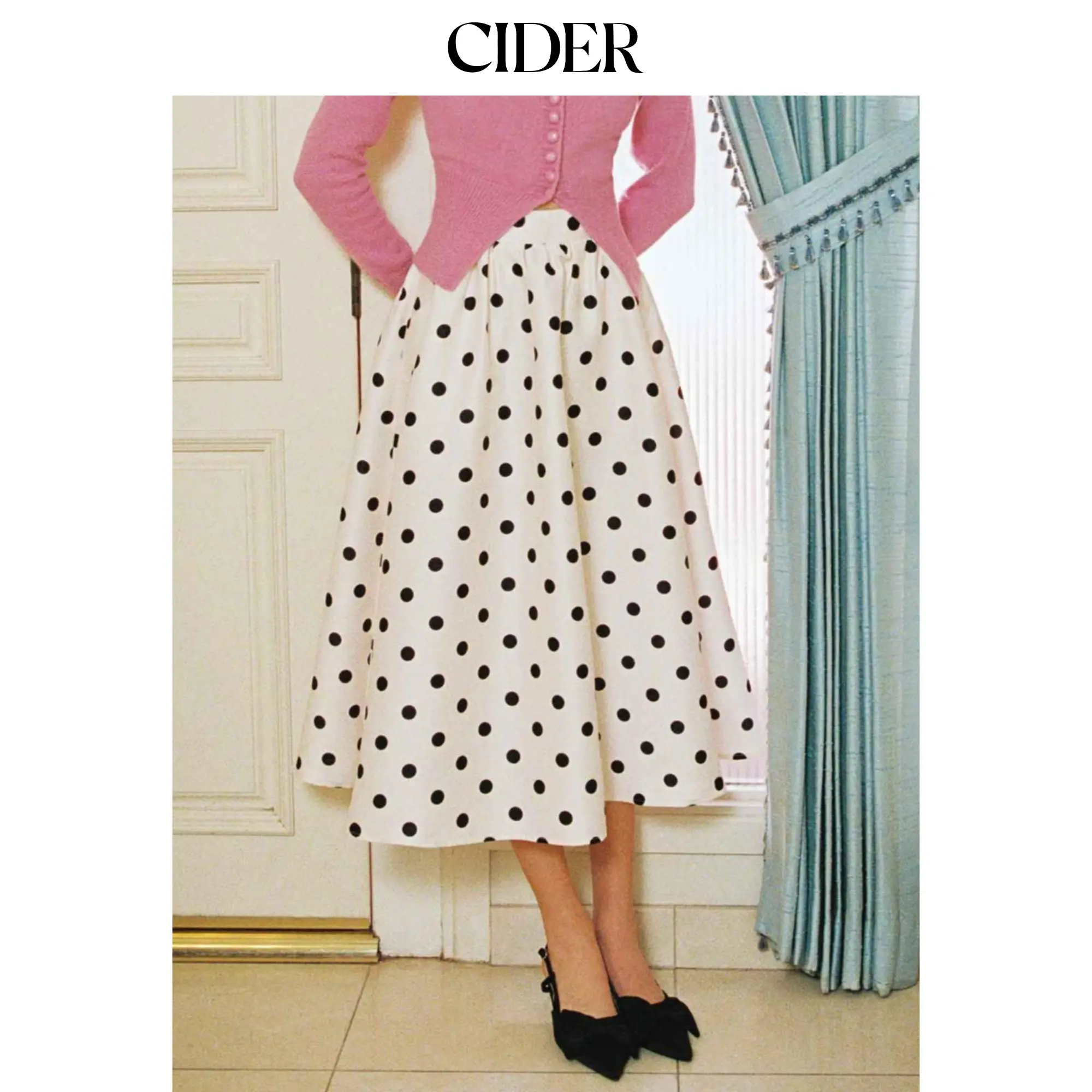 Cider [2 colors, size 2-26] Mid Rise Polka Dot Pocket Ruffle Maxi Skirt