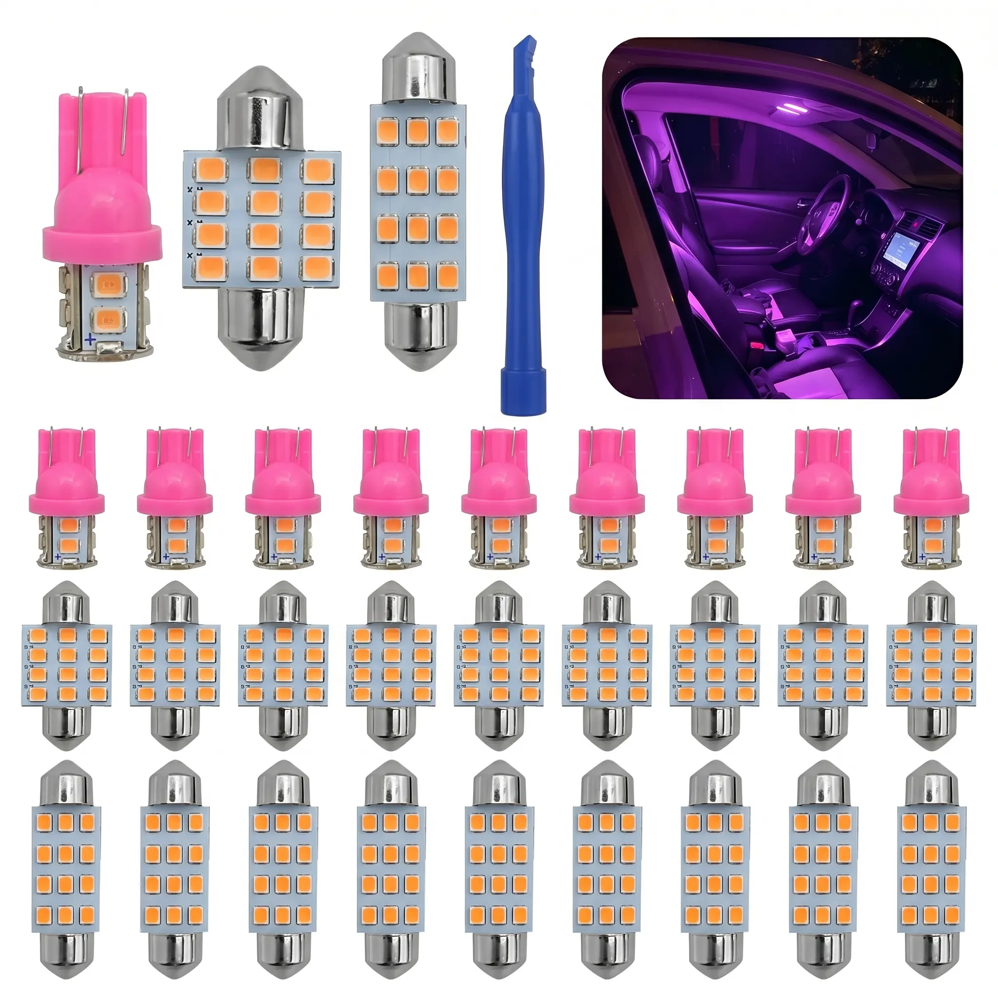 24-Piece LED Car Ambient Light Bulb Set - T10/DE Series, 31mm, 41mm Festoon Bulbs, Plug-N-Play, Tool-Free Install, Bright Interior Lighting, Universal Fit Replacement for Map/Dome Lights