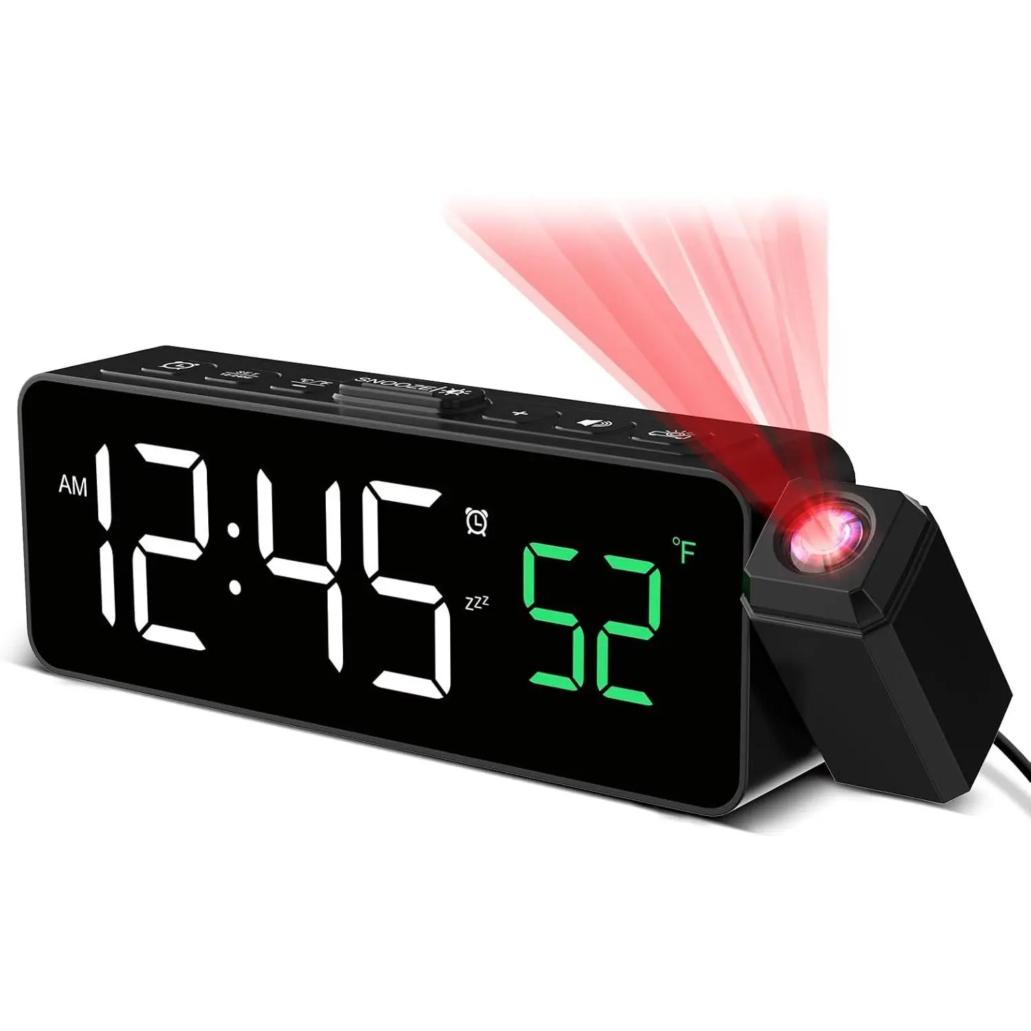 Projection Alarm Clock for Bedroom Ceiling, Small Compact Plug-in Clocks with 180° Rotatable Projector, Temperature 4 Birghtness, 3 Volumes and Snooze (Black)