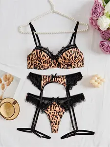 Women's Leopard Print Lingerie Set, Sheer Lace Mesh Spliced All-over Print Loungewear, 3-piece Set with Underwire Bra, Thong and Garter Belt, Suitable for Private Parties   curvy dormir elegante altgirl lenceria sexi mujer