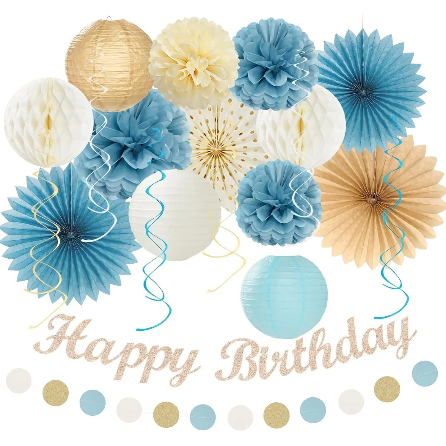 21pcs Boho Neutral Birthday Party Decorations Set for Women - Light Dusty Blue, Beige & Champagne Happy Banner Garland, Paper Streamers, Lanterns, Flower Tissue Pom Poms, Fans & Wall Backdrop SuppliesGift