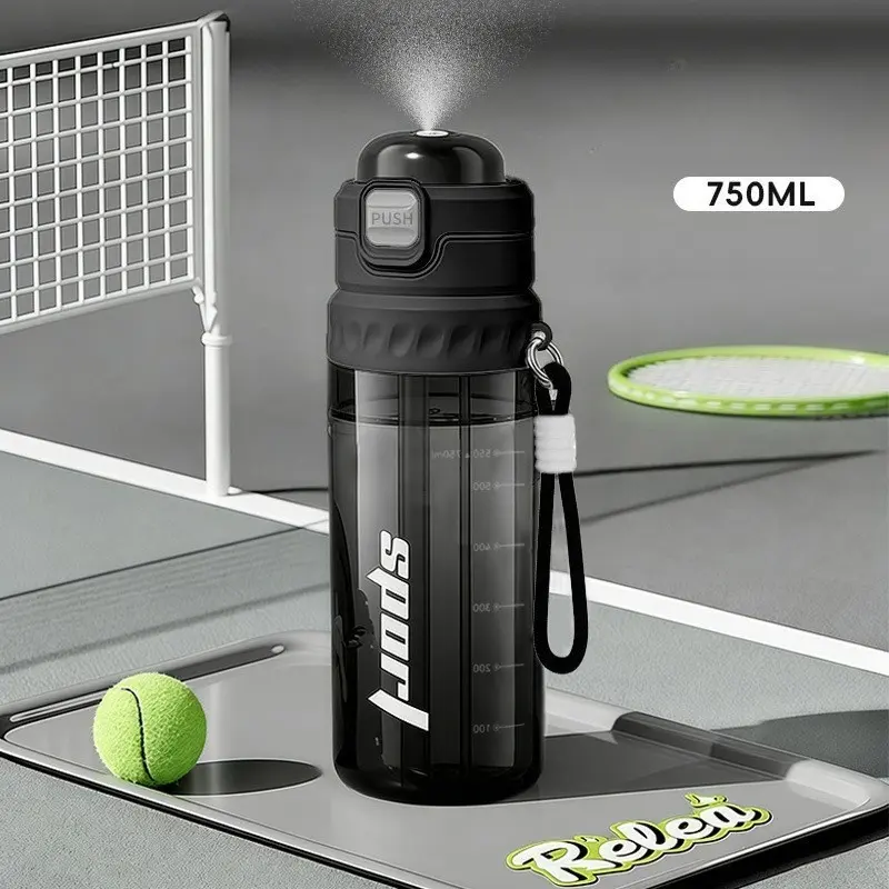 Summer Misting Water Bottle 750ML Large Capacity Sports Straw Cup for Men Outdoor Cycling Cooling BPA-Free Plastic