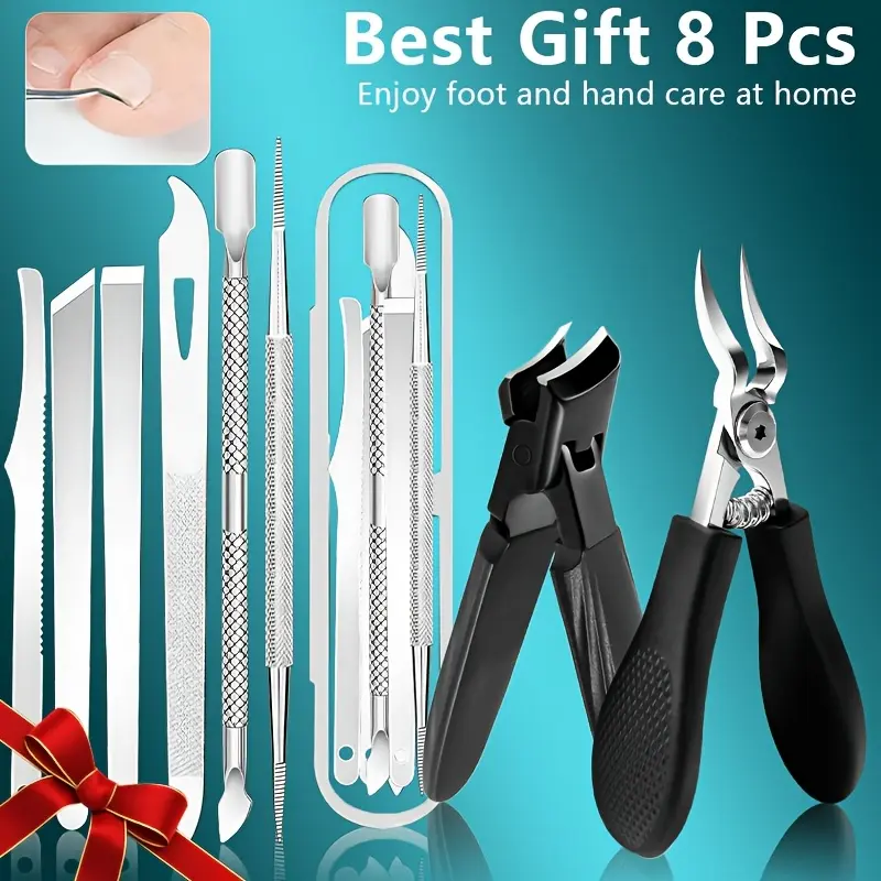 8Pcs Stainless Steel Professional Pedicure Manicure Kit Black Handle Ingrown Toenail Nipper Cuticle Remover Nail File Home Hand Foot Care Gift Set