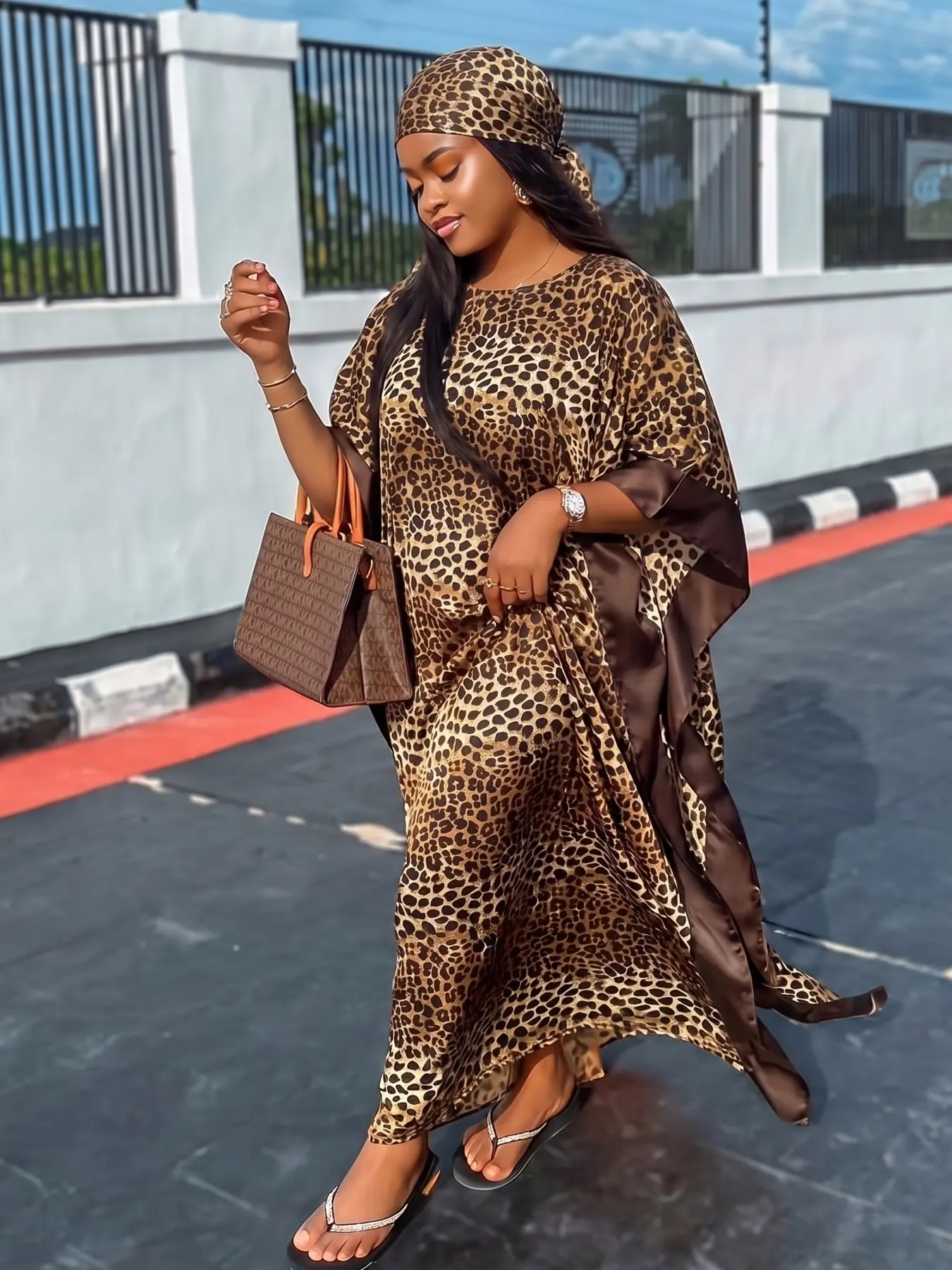 Boho Style Women's Elegant Leopard Print Robe Set, Long Dress + Headscarf Scarf Hairband, Daily Beach Vacation Sun Protection Lightweight Wrap