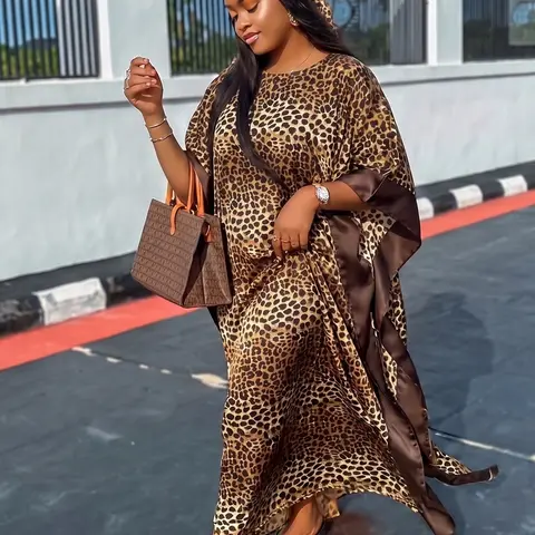 Boho Style Women's Elegant Leopard Print Robe Set, Long Dress + Headscarf Scarf Hairband, Daily Beach Vacation Sun Protection Lightweight Wrap