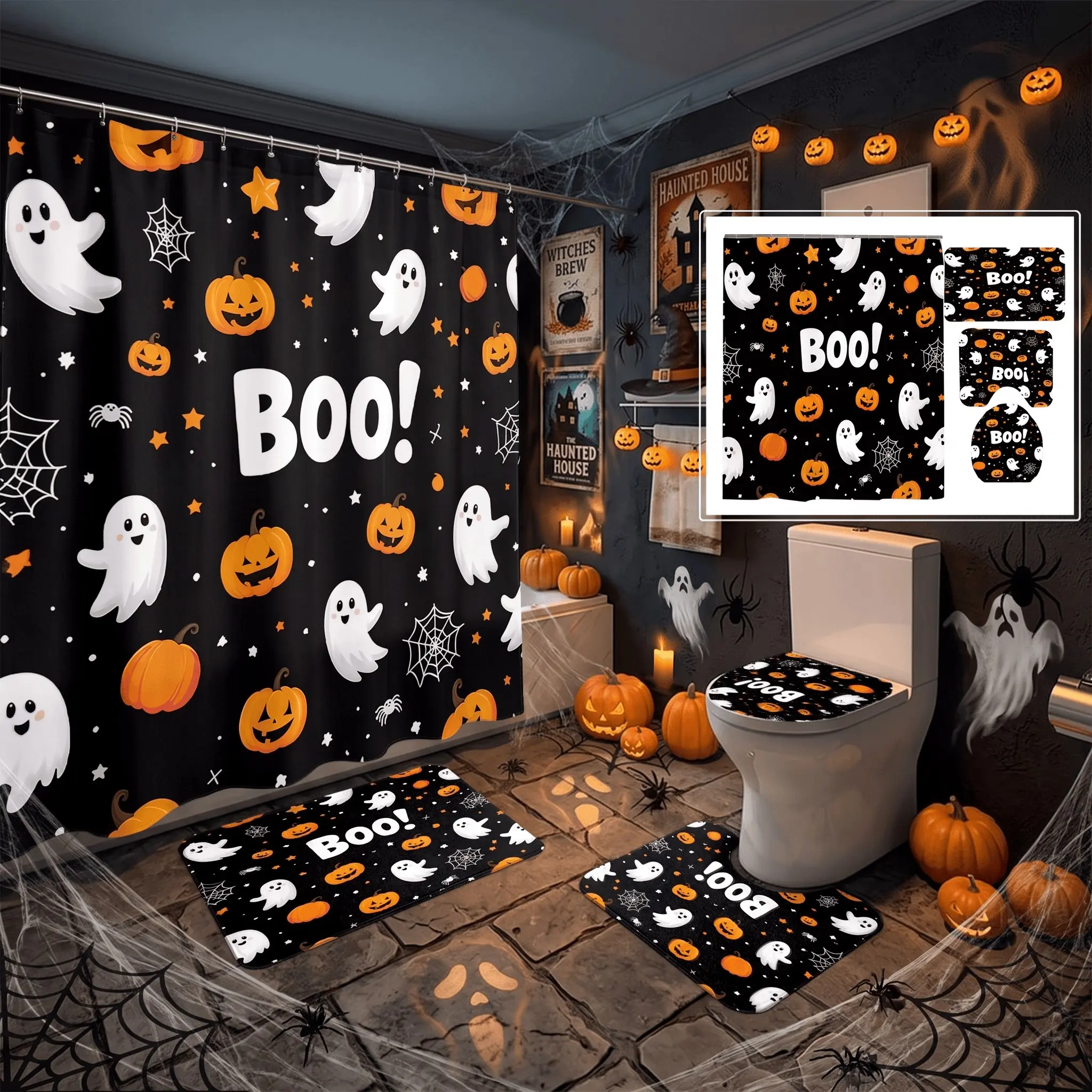 4pcs Halloween Bathroom Decor Set, Decorative Shower Curtain Sets, Bath Mat, U-Shaped Rug, The floor mat fabric is thicker and softer! Toilet Lid Cover, Cute Ghost Pumpkin Boo Print, Novelty Holiday Accessories