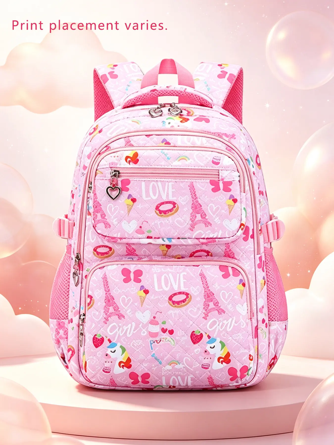 1Pc Pink Sweet Fantasy Print Backpack Mesh Padded Shoulder Straps Multi-layer Zip Compartments Side Mesh Bottle Slots for Campus Study Weekend Trips Daily Casual Outings