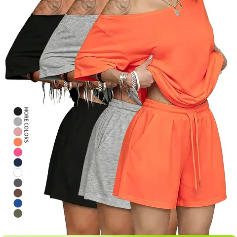 Women's 2-Piece Casual Loungewear Set, Off-Shoulder Short Sleeve Oversized Top & Elastic Drawstring Waist Shorts, Soft Comfortable Breathable Fabric, Pajamas Nightwear Homewear for All Season PJ Sets