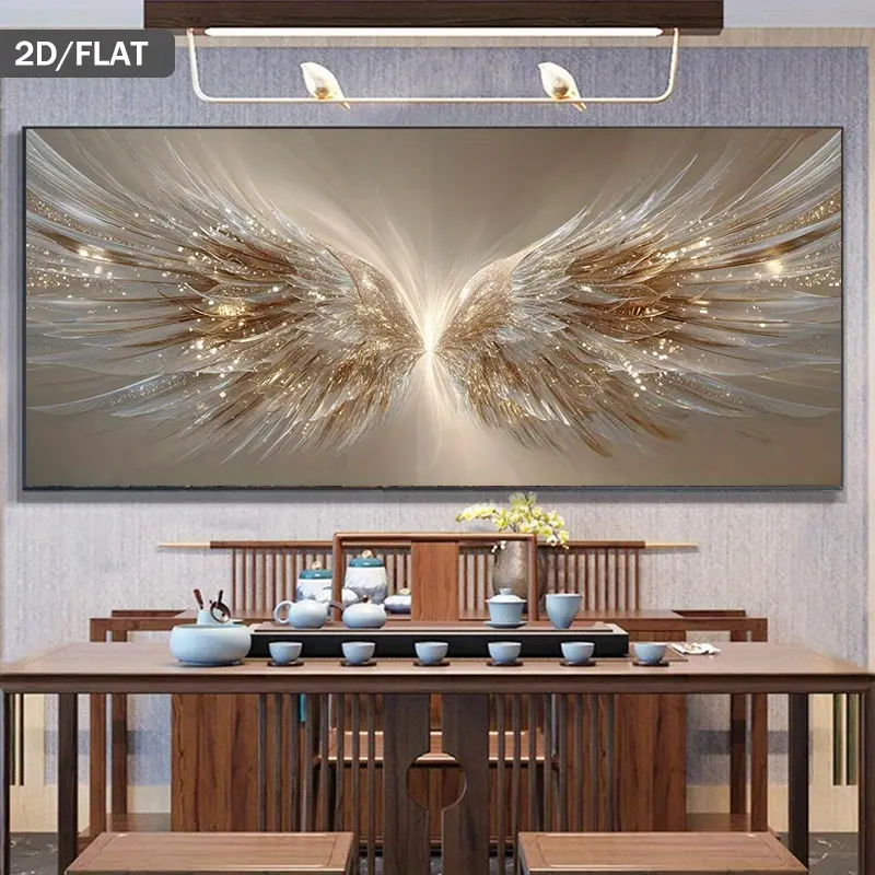 One piece - Large-sized modern abstract golden angel wings wall art - Glowing light and shadow effect angel wings canvas painting, suitable for living room decoration, large golden angel wings art piece, with frame, 2D flat design