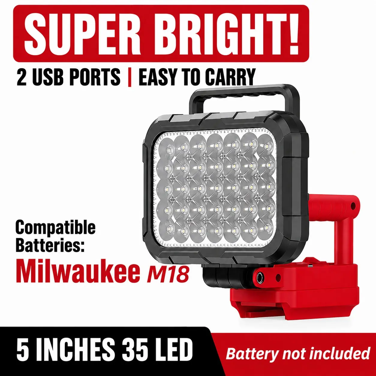 Wireless LED Work Light for Milwaukee 18v Battery, 15w 1800lm Wide Beam, Dual USB Charging Ports, Ideal for Emergency, Workshop, Garage