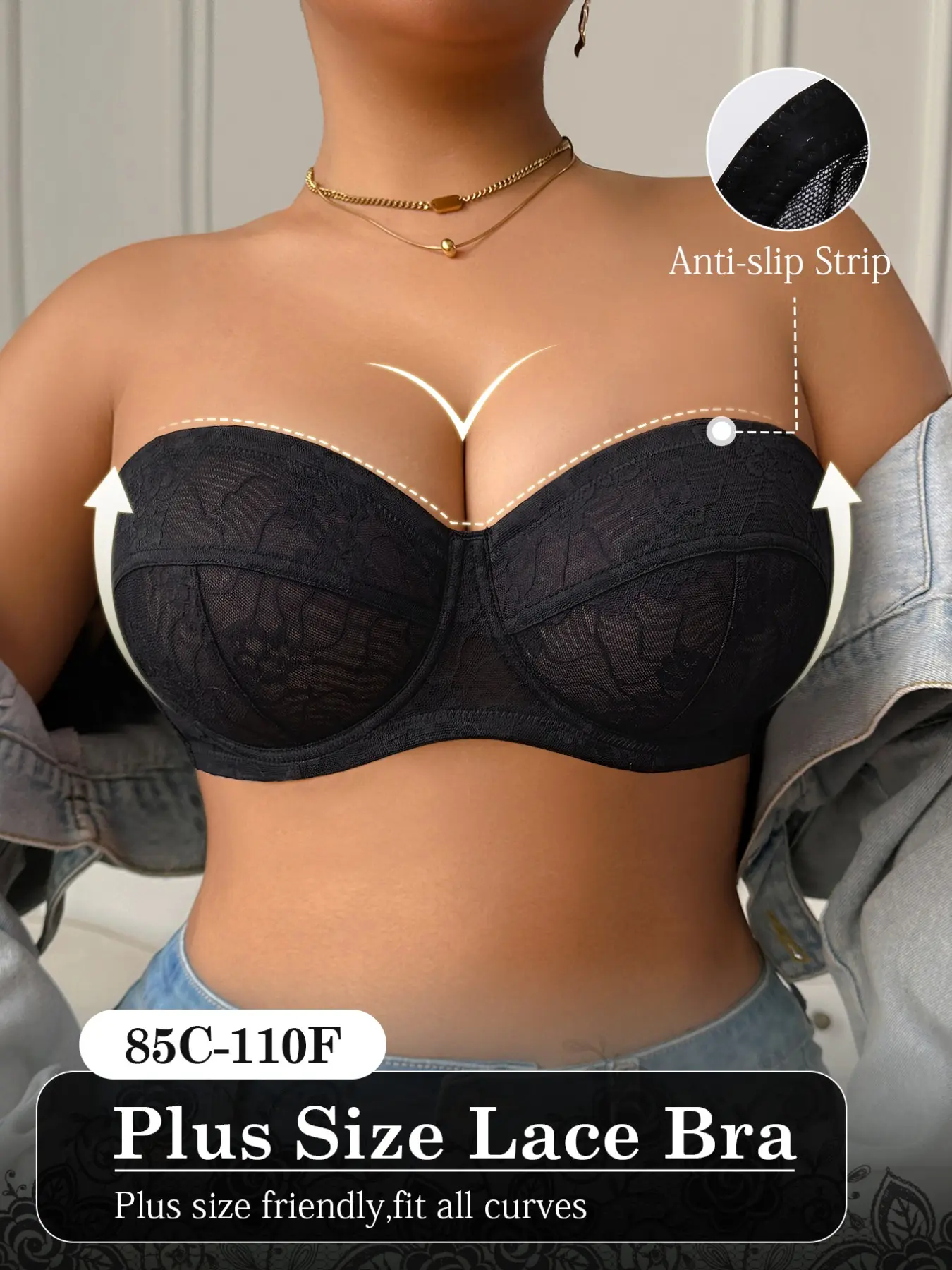 Plus Size Strapless Push-Up Bra, Steel Ring Support, Thin Comfortable Daily Wear, Women's Underwear, Seamless Design