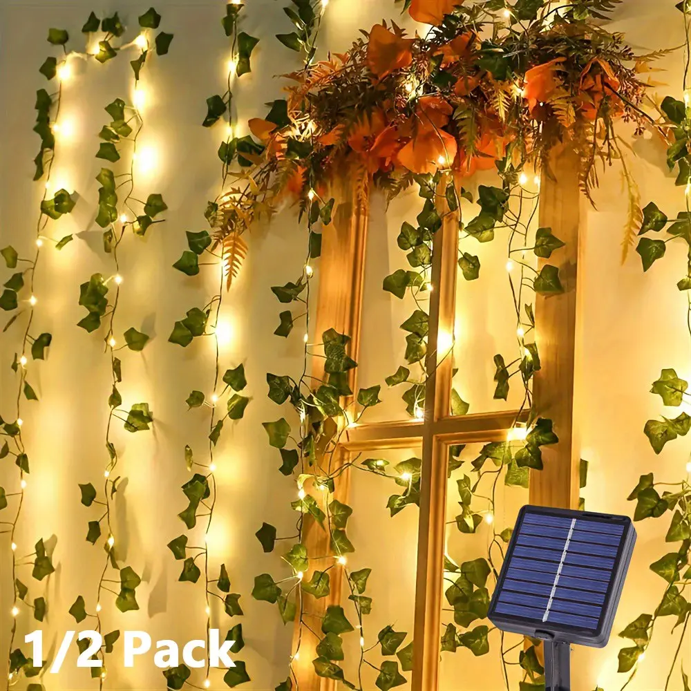 1/2 Pack Green Ivy Leaves Fairy String Lights, Hanging Vine Light，4m 20 LEDs ，Battery Powered or solar Powered Artificial Garland Plant Vine Fairy Light ，Ideal for Home Decor, Room Decoration, Bedroom Accessories，Indoor/Outdoor, Wedding Party Room Wall De