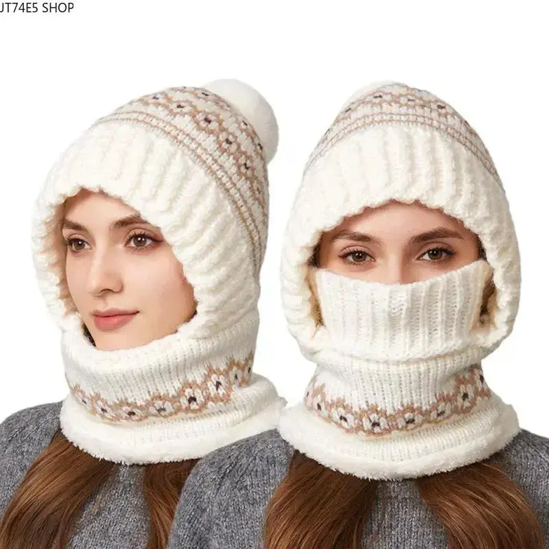 Women's 2‑In‑1 Soft Knit Hood Scarf Hat, Fluffy Fleece‑Lined Warm Beanie with Integrated Neck Cover, Blush Pink Winter Ski Accessory
