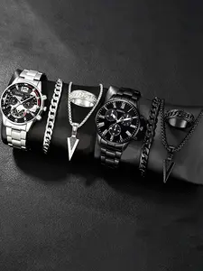 8pcs - Men's Handsome and Fashionable Round Analog Quartz Watch+Personalized Necklace Ring Bracelet Accessories Set Valentine's Day Easter Halloween Ramadan Birthday New Year's Day Christmas Best Choice for Giving Gifts to Friends