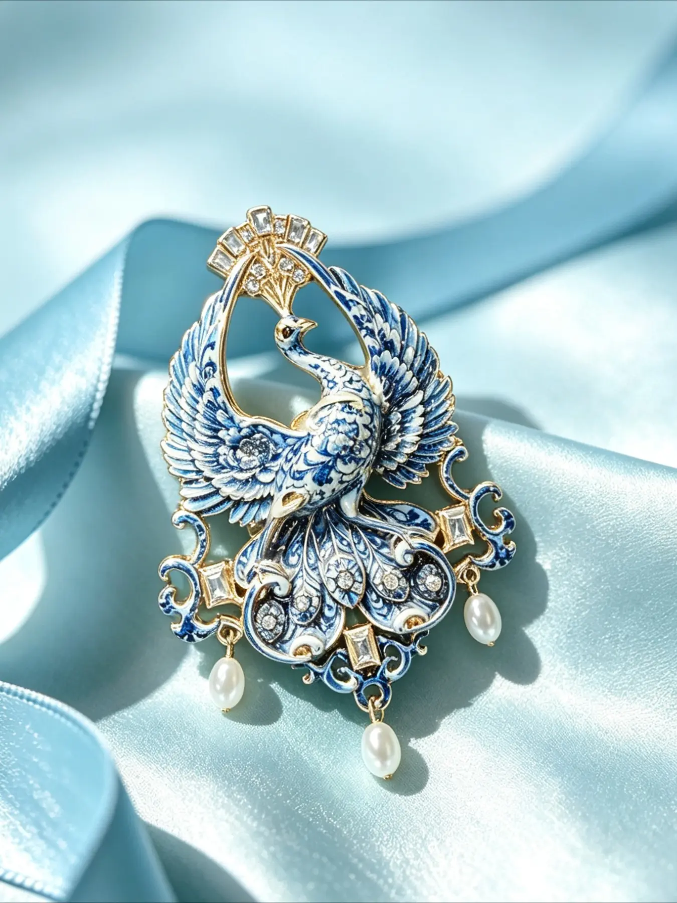 Blue White Porcelain Phoenix Brooch, Vintage Enamel Phoenix Lapel Pin with Pearl Tassel, Oriental Rhinestone Bird Badge for Suit Scarf Coat, Elegant Jewelry Gift for Women