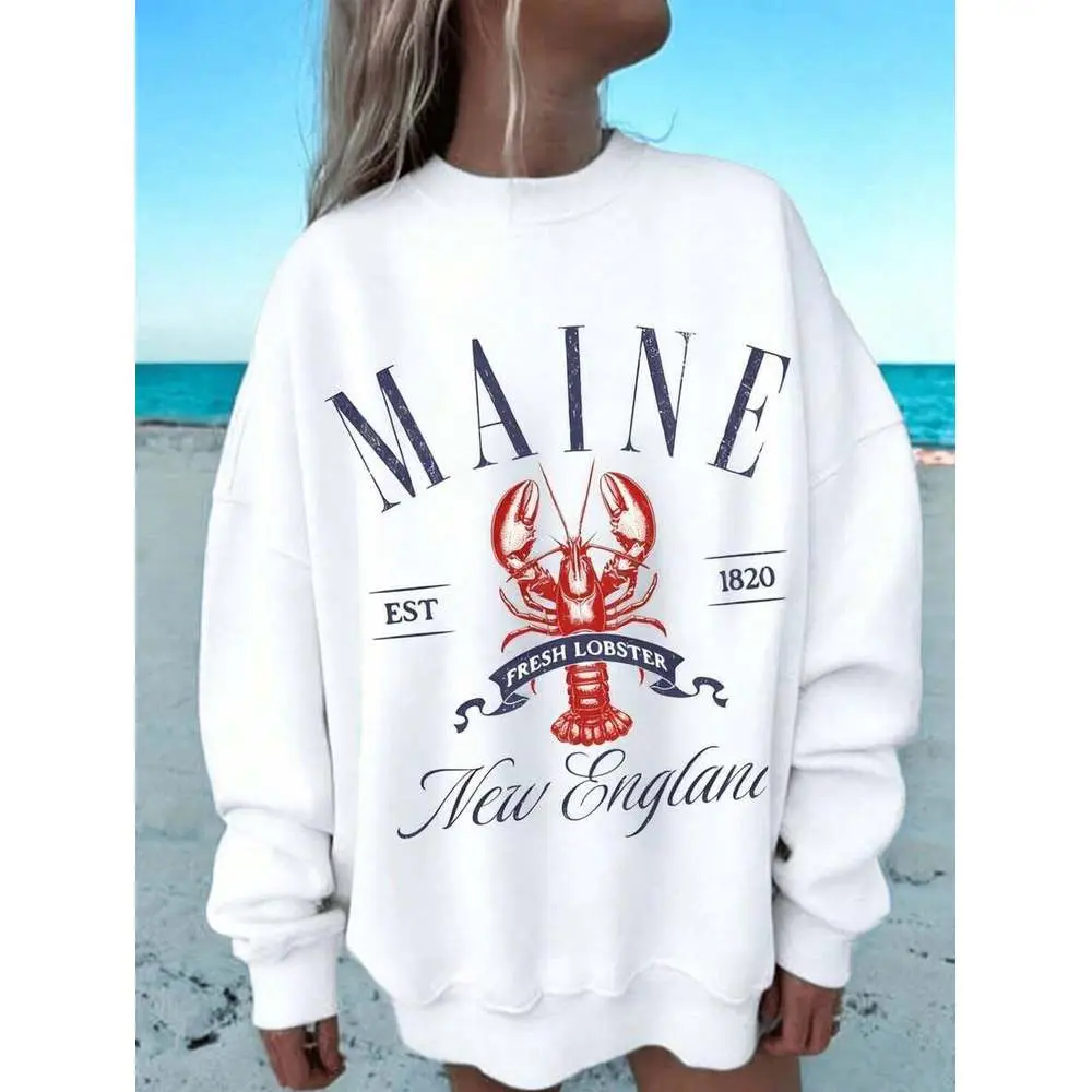 Women's Lobster Motif Pullovers, Casual Maine Print Crewneck Sweatshirt in a Soft Cotton Blend, Long Sleeve, Hand Wash, Garments, Sweater, Retro, T-Shirt, Loose