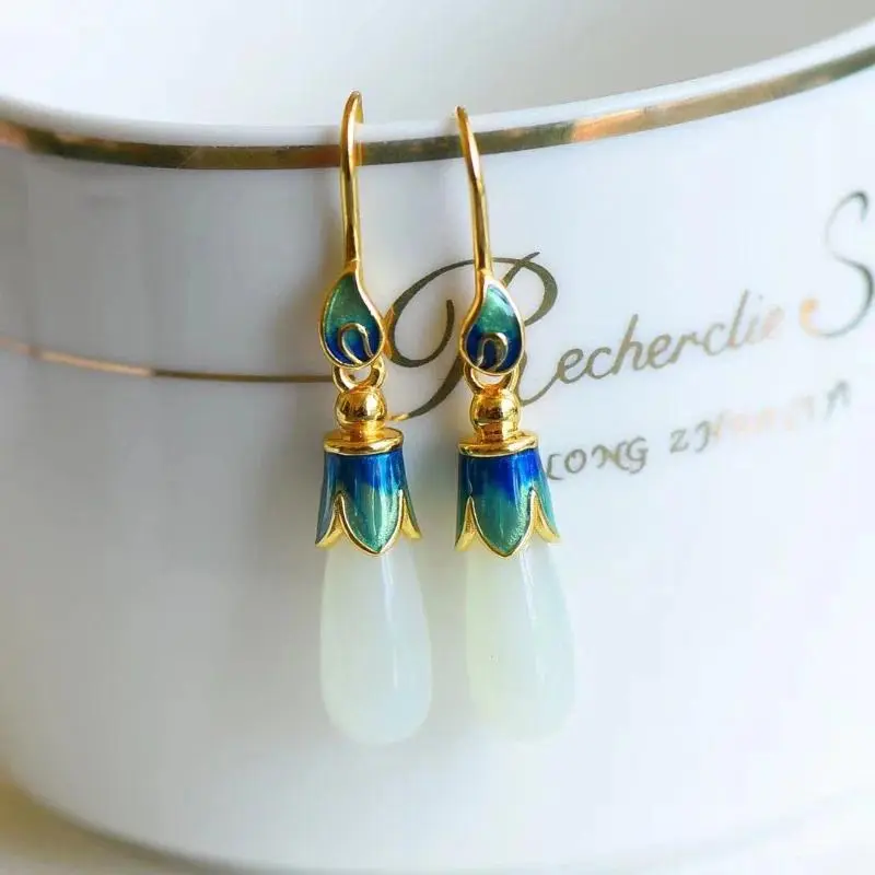 Natural Hetian white jade earrings for women enamel craftsmanship light luxury ethnic style Eardrop Hanfu accessories jewelry