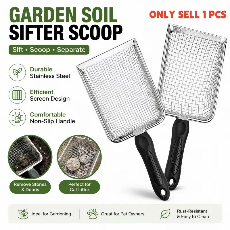 Garden Sand and Soil Sieve with Handle, 2.8mm and 5mm Sizes, Ideal for Screening Sand, Stones, Soil, Compost, Also Use as Cat Litter Scoop