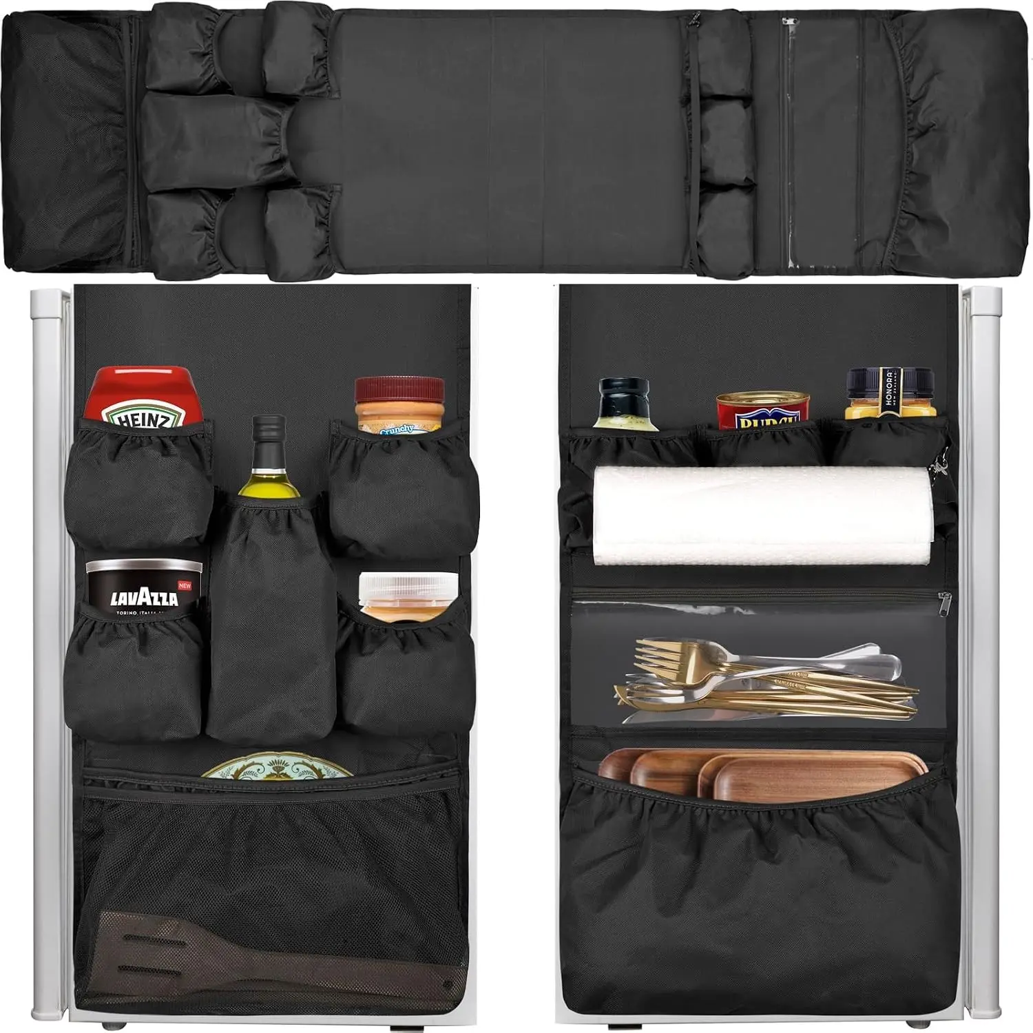 Mini Fridge Organizer Dorm Essentials - Over the Fridge Caddy Organizer, Dorm Room Storage, Mini Refrigerator Dust Cover Top with 12 Extra Large Fabric Pockets for Office Kitchen Home School, BlackGift.