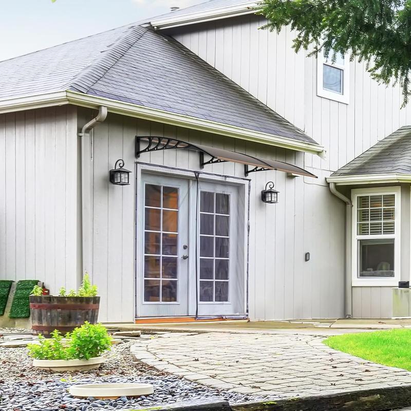 Window Awning Door Canopy Exterior 80" x 40" Awnings for Doors Polycarbonate Cover Patio Door Awning Rain Snow Sunlight Protection Hollow Sheet Brown Board & Black Bracket Adjustable Shade