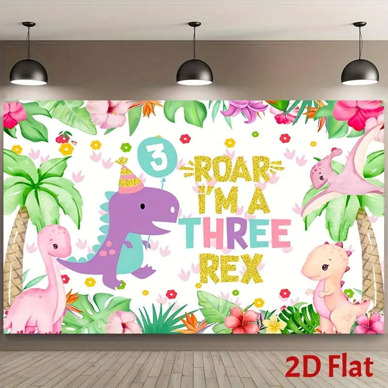 Party backdrop 2D flat banner, 1 piece Three T-Rex pink dinosaur party supplies Three T-Rex birthday backdrop Pink dinosaur themed backdrop