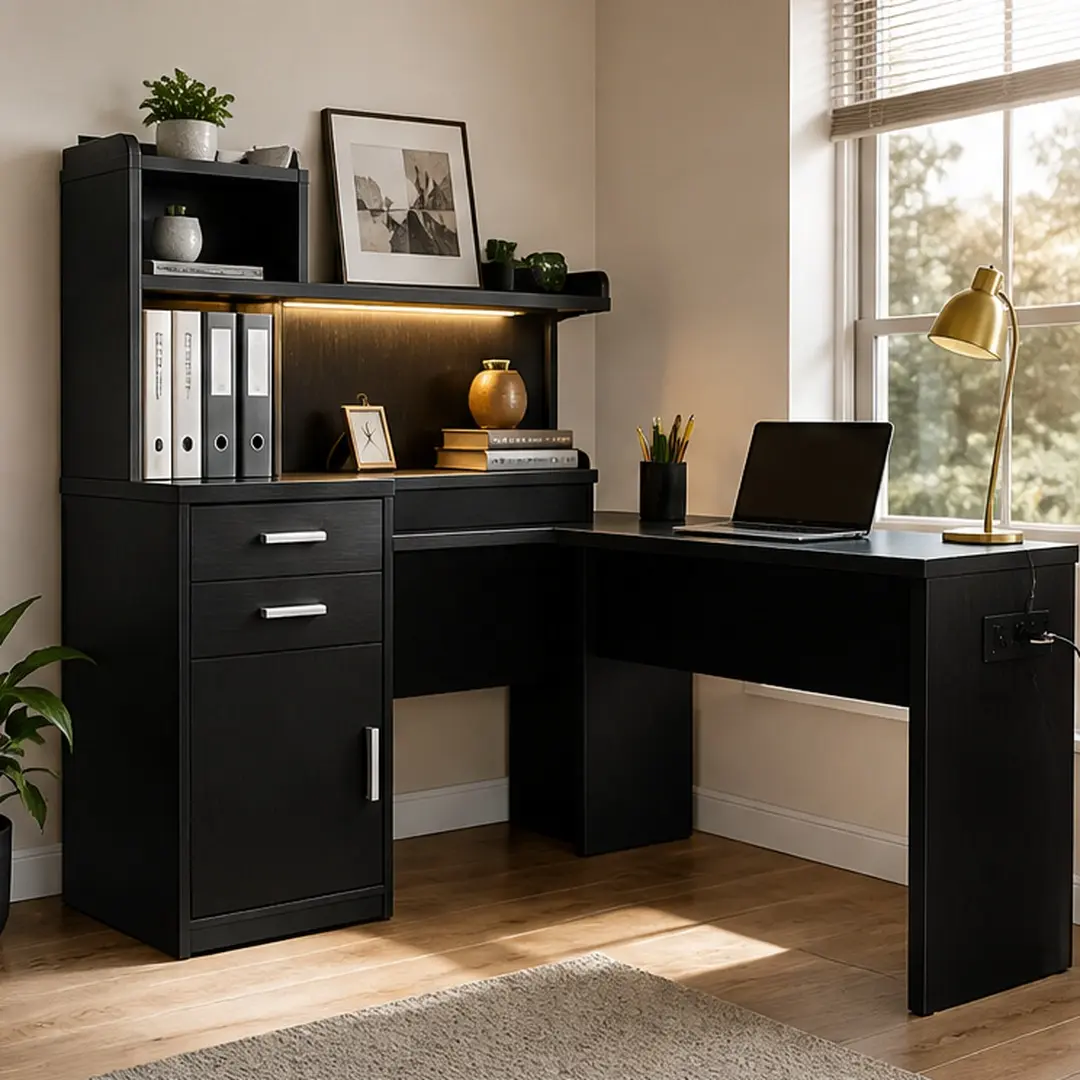 Black Particle Board L-Shaped Modular Office Desk Combo - Dual Drawers, Bookshelf, LED Lights, Built-In Outlets-USB Ports, Compact Cabinet, Dual Monitor Setup, Studio Setup, Office Inspo, Bedrooms, 51.56W x 46.06D x 62.79H in Corner Writing Table