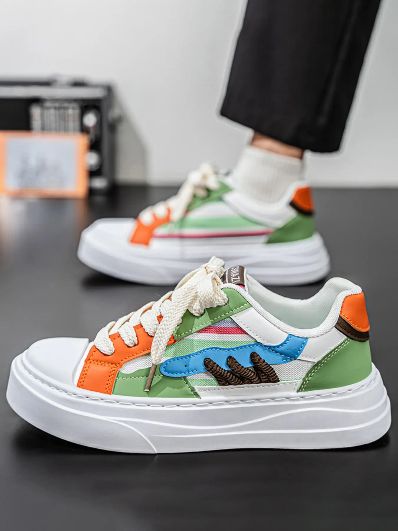 2026 Men's Stripe Patchwork Platform Skate Shoes, Casual Skateboarding Shoes, Thick Braided Rope Laces, Multi-Color Low-Top Casual Sneakers, Anti-Slip Shock Cushioned Footwear, 3 Colors Available: Blue-Green