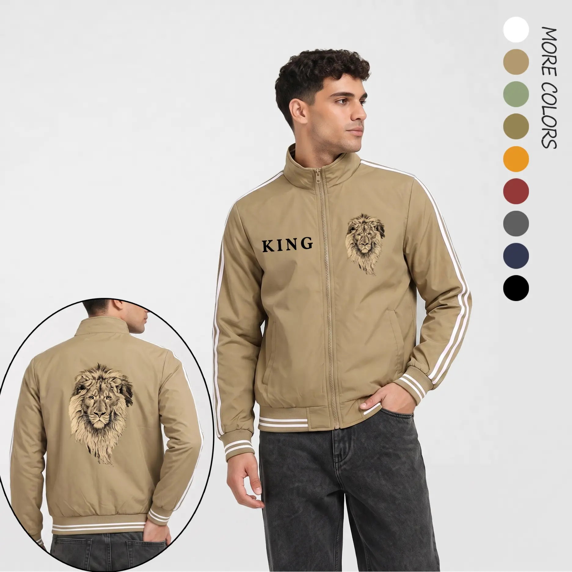 Men’s KING Lion Graphic Print Lightweight Bomber Jacket – Streetwear Flight Jacket with Royal Animal Design, “KING” Chest Logo, Full Zip Closure, Ribbed Hem & Cuffs, Stripe Sleeve Detail, Urban Athletic Casual Wear