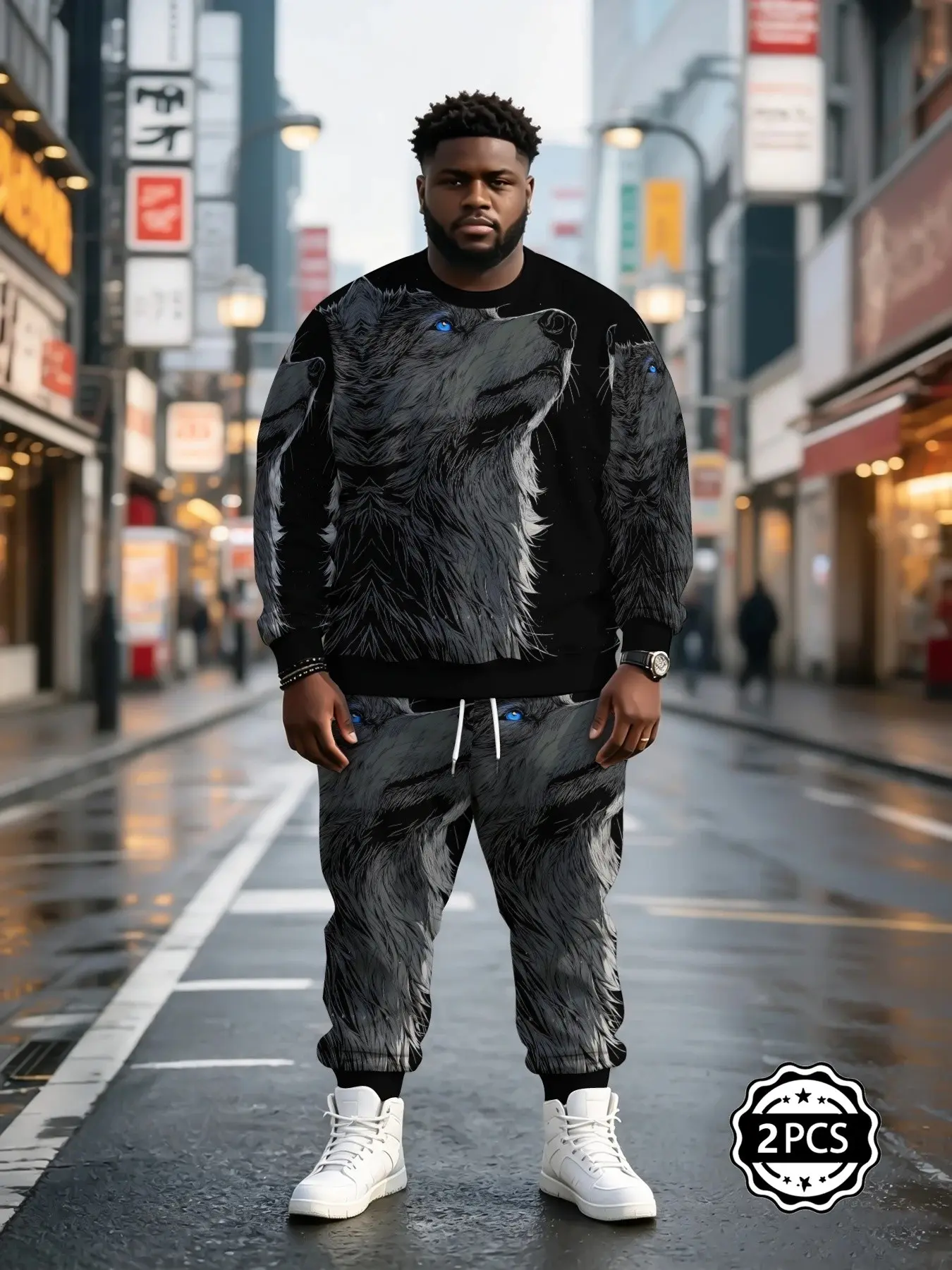 Men's Sportswear Set, Cool Blue Eye Wolf Animal 3D Print Long Sleeve Sweatshirt + Drawstring Ankle Pants, Loose Casual Streetwear
