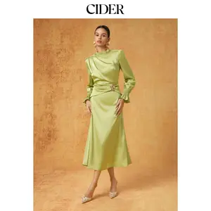 Cider Satin Stand Collar Lantern Sleeve Ruched Waist A-line Maxi Dress