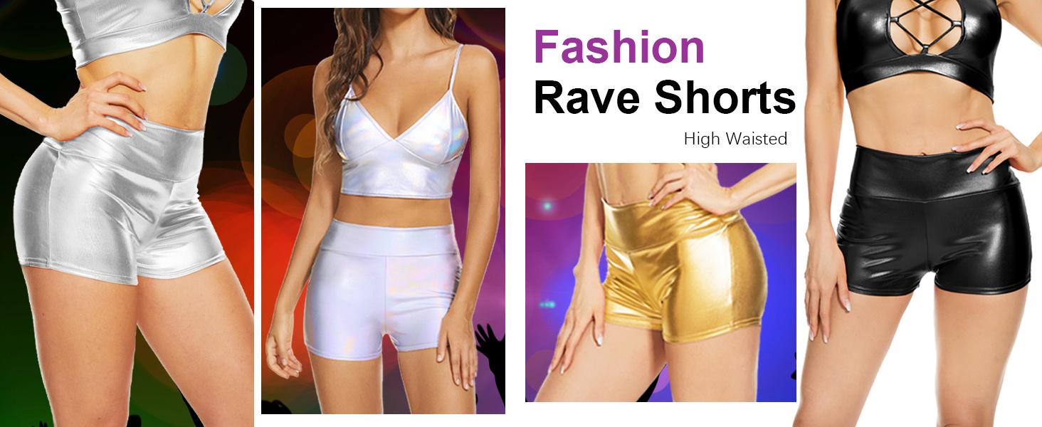 Women's Metallic Booty Shorts Shiny High Waisted Rave Bottoms for Dance Festival