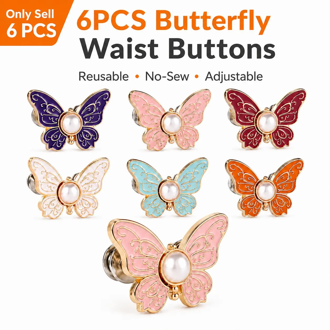 6 Counts Butterfly Waist Cinching Button, Women's 6PCS Butterfly Waist Tighteners, Reusable Pant Waist Tightener, Adjustable No-Sew Reusable Clips for Loose Jeans, Skirts, and Oversized Clothing