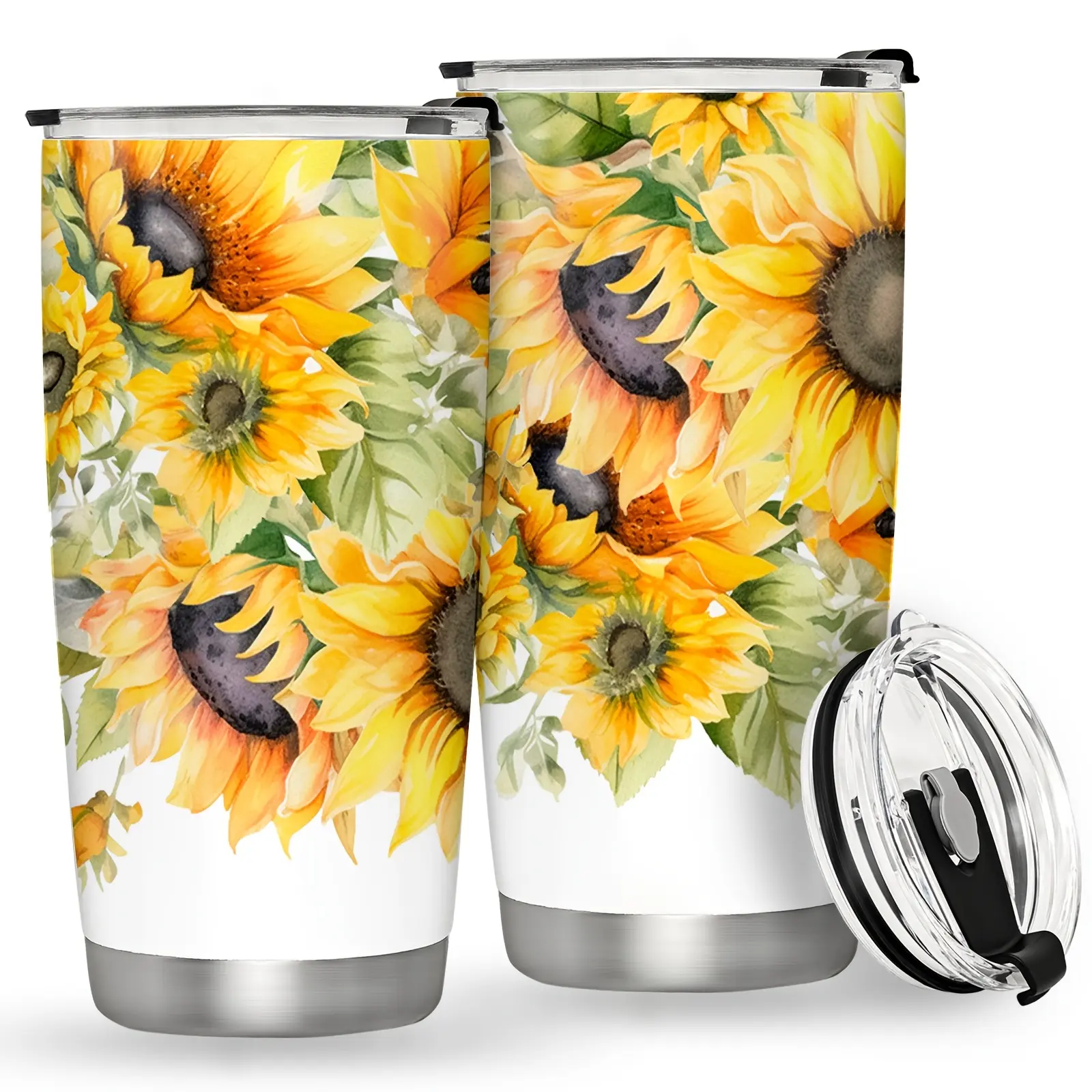 20oz (590ml) Sunflower Stainless Steel Vacuum Flask - Double Wall Insulated, Leak-Proof Floral Print Portable Cup, Stylish Adults' Kitchen Drinkware, Ideal Present for Birthday