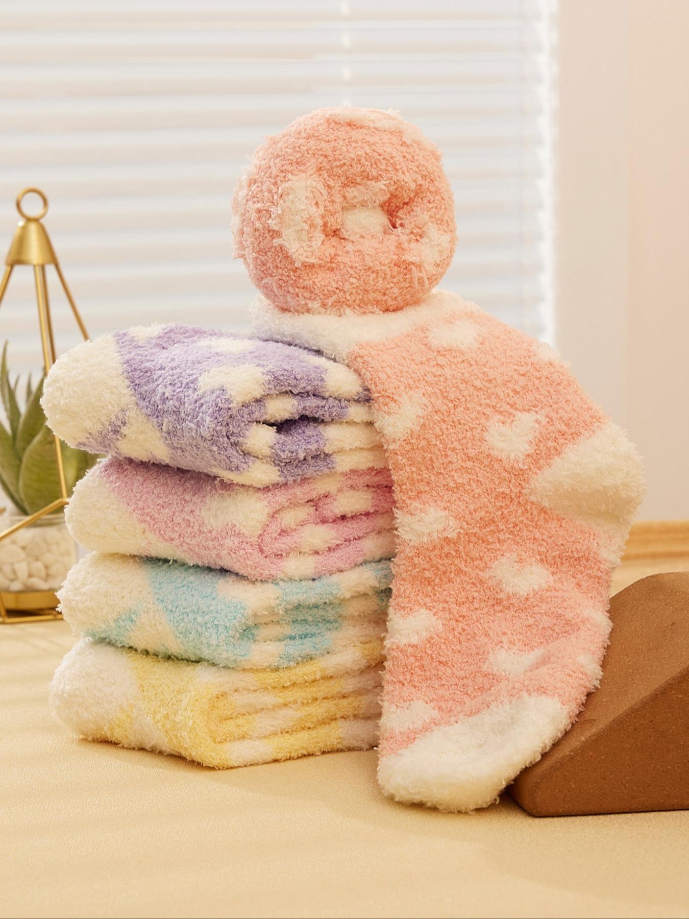 Women's Heart Print Fuzzy Socks, Cozy Warm Multipack Jacquard Knit Fitted Mid Calf Socks, Women's Socks & Hosiery, Cute Socks for Women