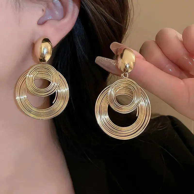Aesthetic Two-Layer Circle Spiral Clip-On Earrings for Women | Non-Pierced Metal Dangle Drop Earrings in Gold & Silver Finish, Party & Night Out Gift