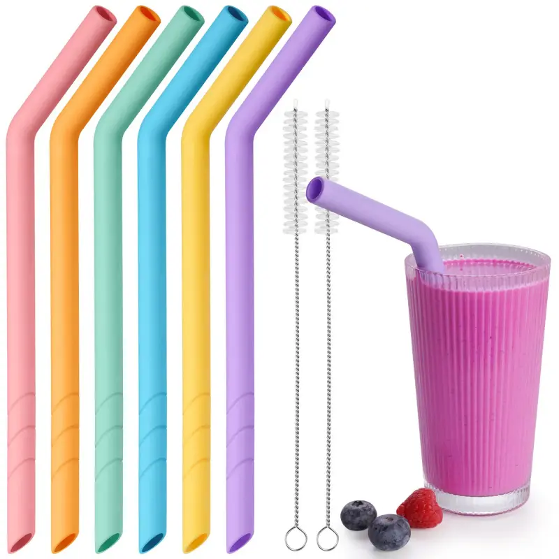 6-Pack Extra Wide Reusable Bent Silicone Straws for Boba, Smoothies, Bubble Tea, Bent Straws Eco-Friendly & Colorful for Thick Drinks, Child-Safe, Customizable Length, 2 Brushes Easy Cleaning
