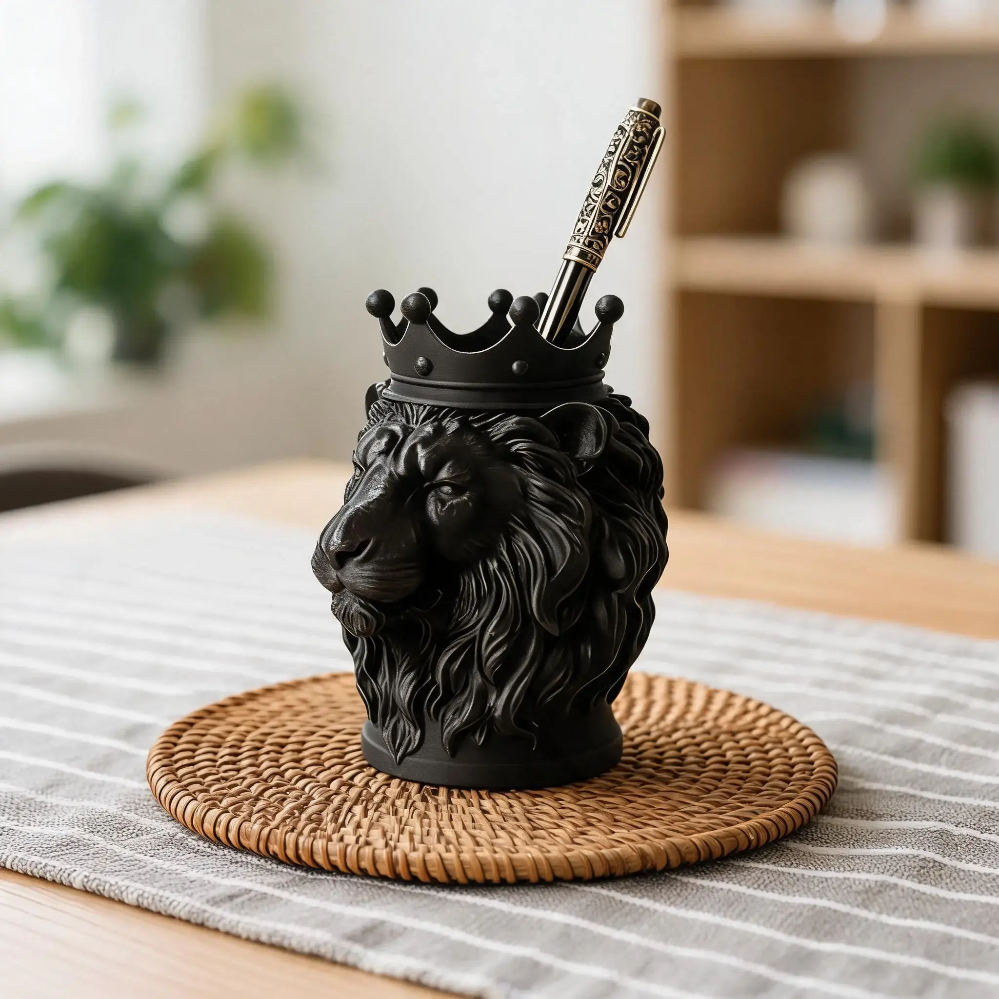 Nordic Crown Lion Home Decoration, Creative Handmade Desktop Art, 3D Printed Lion Head Storage Jar, Office Desk Ornament, Decorative Figurines, Animal Figurines, Resin Figurine Statue