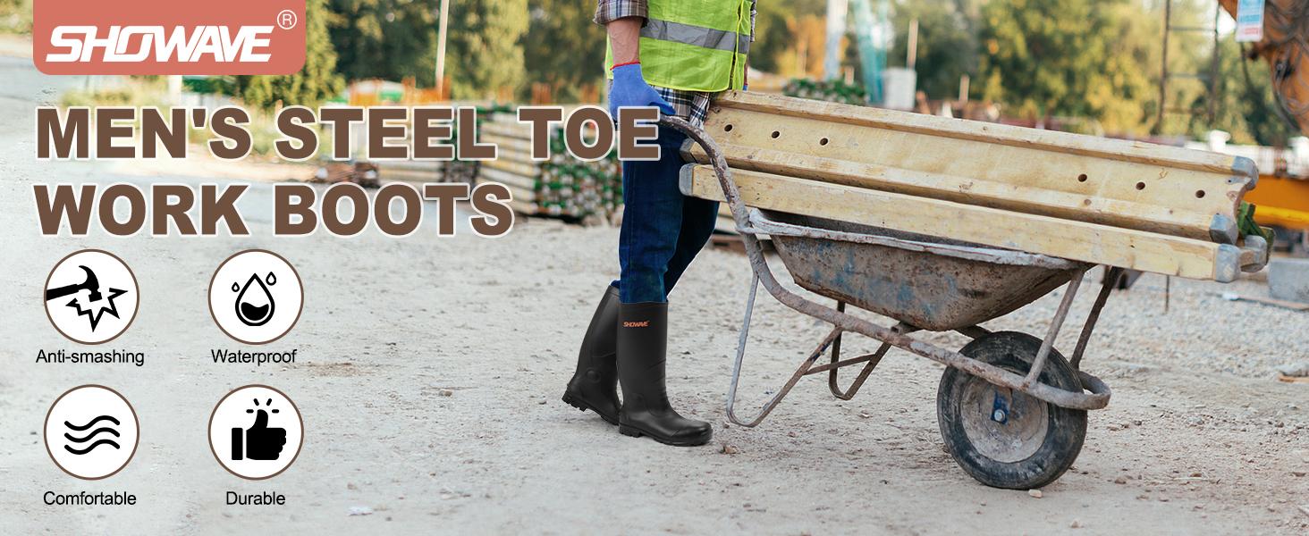 Steel Toe Rubber Work Boots for Men Waterproof Durable Concrete Boots for Hunting Manufacturing Construction