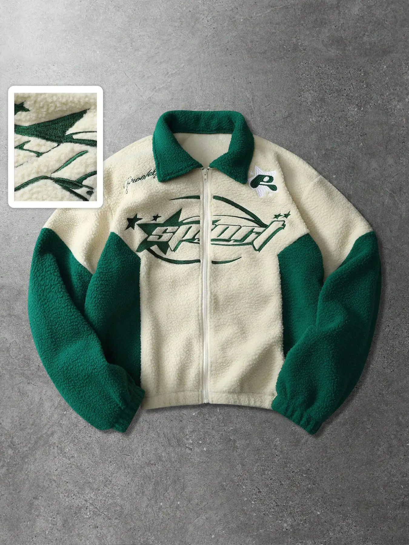 Men’s Color Block Lapel Collar Sherpa Fleece Full Zip Star Sport Script Embroidered Jacket, Retro Varsity Preppy Y2K Urban Streetwear Viral Trend 2026, Thick Warm Anti-Shed Fluffy Teddy Sherpa Fabric, Contrast Lapel & Sleeve Color Block Design, Full Front