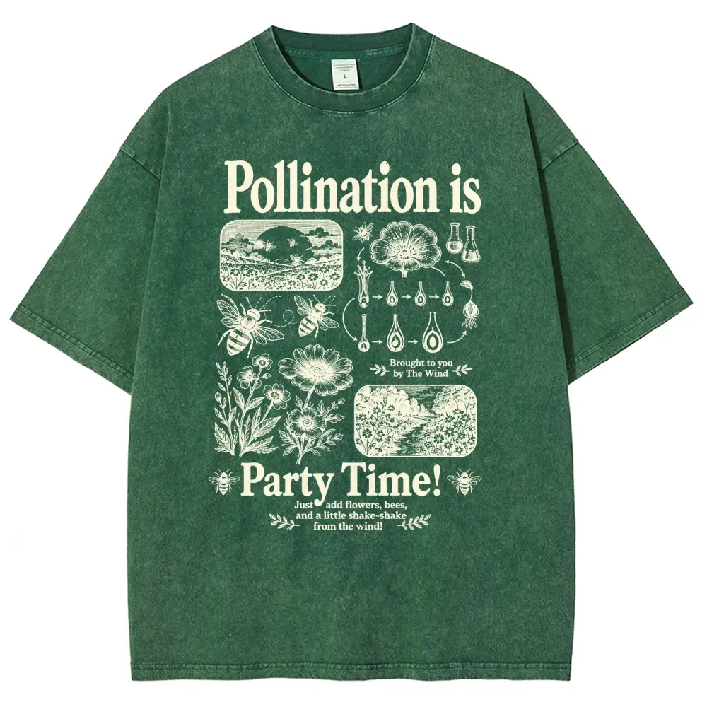 Pollination Is Party Time Bee Floral Botany Vintage Print Unisex Graphict Washed T-Shirt Personalized Pattern Y2k Clothing Round Neck Washed T-Shirt,Women's Clothing 100% Cotton, Menswear, Top, Vintage Style,Summer Casual Oversized