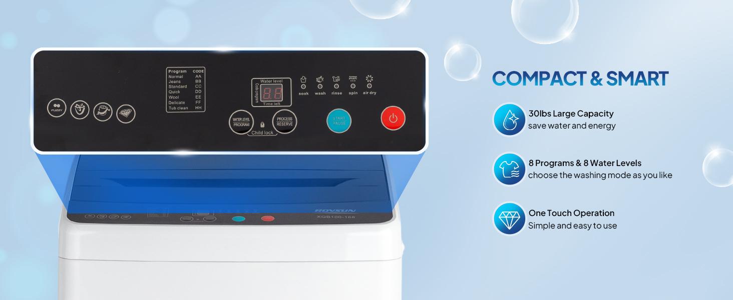 ROVSUN 17.8/25/30LBS Washing Machine, Full-Automatic Portable Washer with Stainless Steel Drum, Electric Laundry Machine, Washer and Spin Dryer Combo with Drain Pump for Home, Apartment, Light Grey