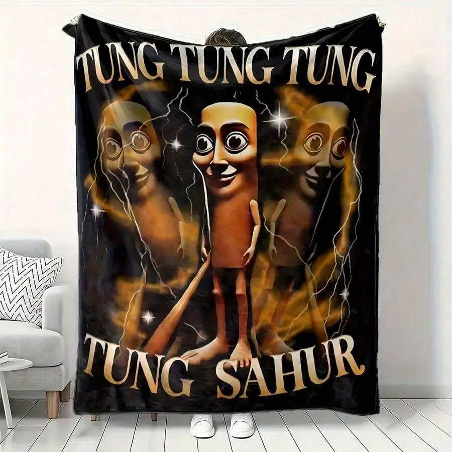 Viral Tung Tung Tung Sahur Meme Print Flannel Blanket Soft Warm Throw Blanket, Decorative Couch Bedroom Nap Blanket, Giftable Plush Comfortable Home Popular Meme Blanket For All Seasons
