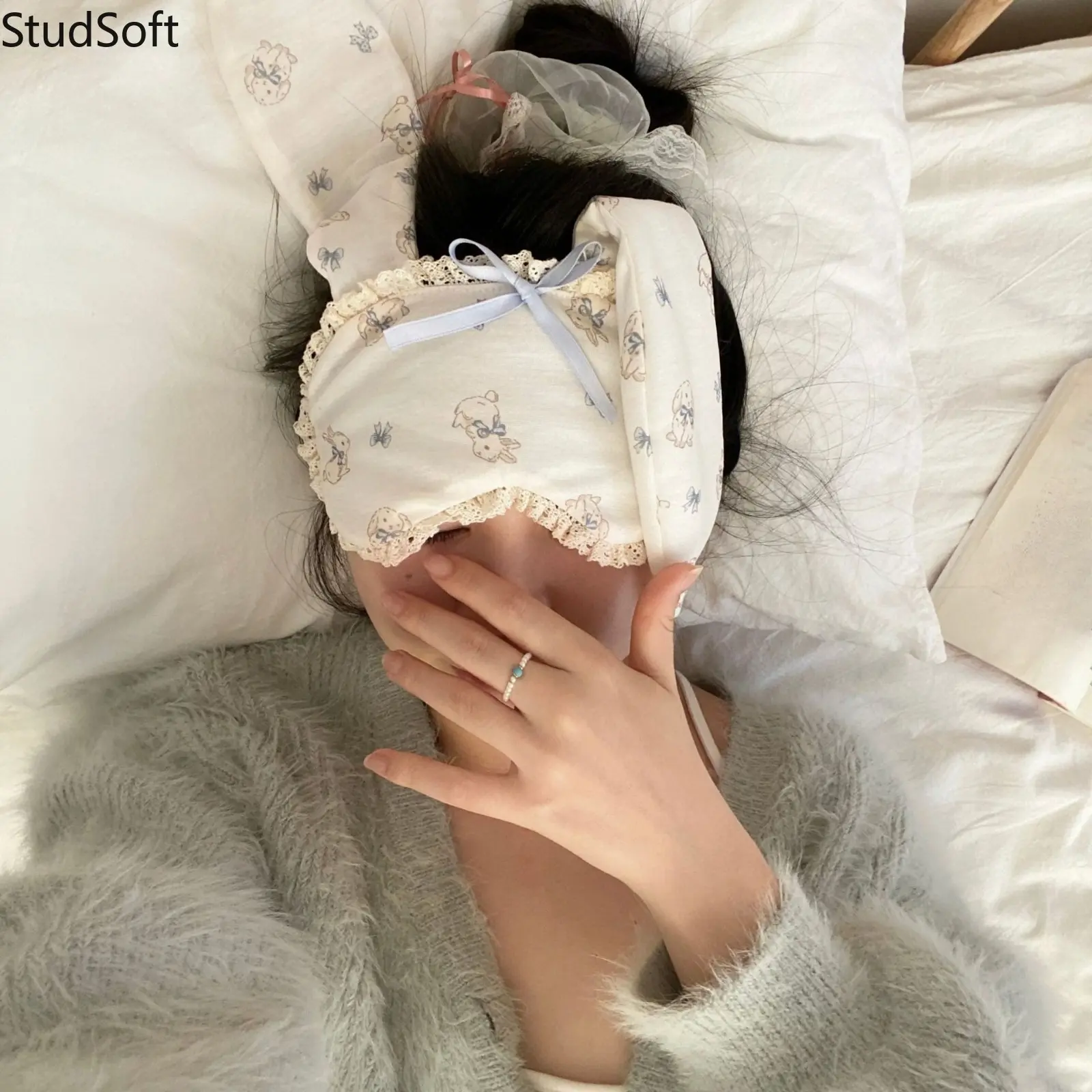 Cute Bunny Sleep Mask Soft Quilted Lace Ruffle Eye Shade Cover Silk Satin Elastic Strap Breathable Blindfold Daily Home Nap Travel Gifts for Her