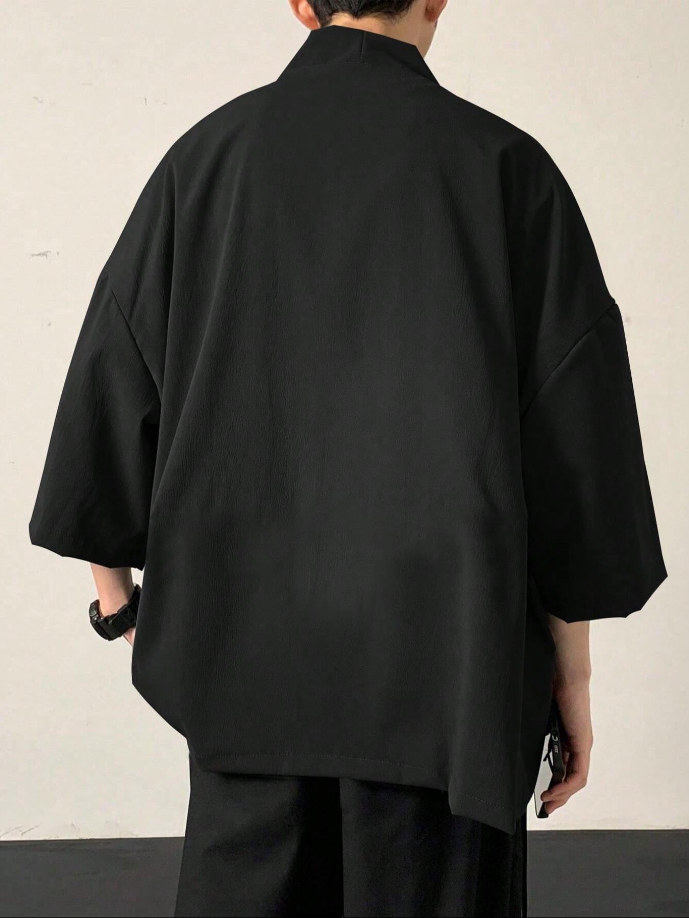 Men's Solid Color Open Front 3/4 Sleeve Loose Plain Shirt, Casual Comfy Top for Daily Wear, Men's Clothes for All Seasons