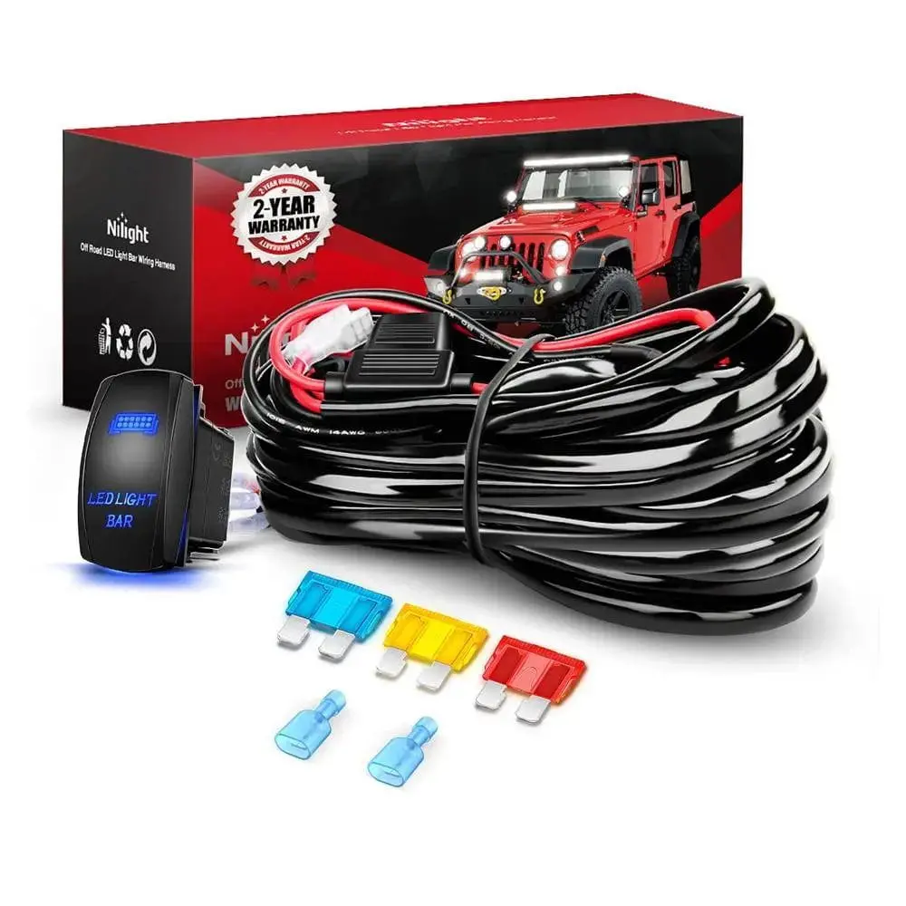 Nilight 14AWG Wire Harness Kit 1 Lead W/ 12V 5Pin Switch | 3 Fuses | 2 Spade Connectors