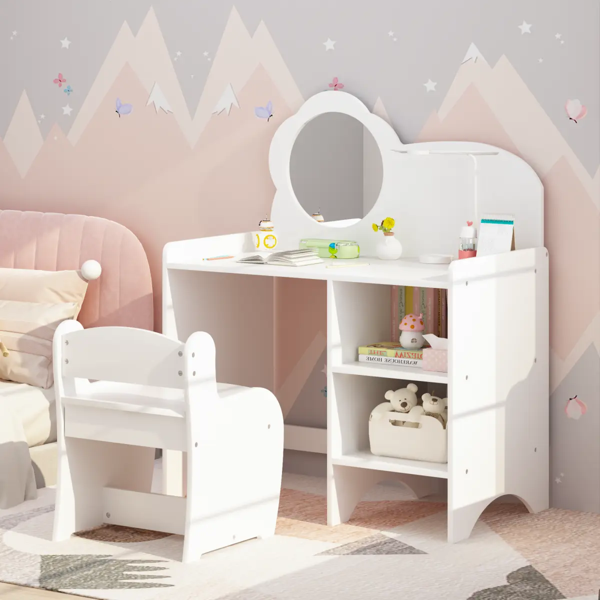 Kids Vanity Desk with Mirror and Chair, 2 in 1 Kids Vanity Table and Chair Set, Wooden Kids Makeup Vanity with Storage Shelves, for Study and Activity Table, White