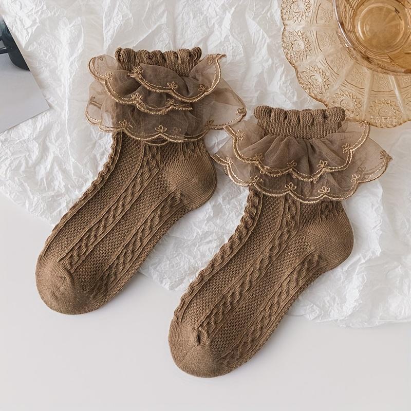 (New)New[Breathable Lace Socks] 5 Pairs Breathable Girls' Lace Ruffle Socks |               Polyester Blend, Comfortable, All-Season White Princess Socks for Dancing, Hand Wash Only, Dancing Socks |               Ruffle Detail Socks |               Knit T