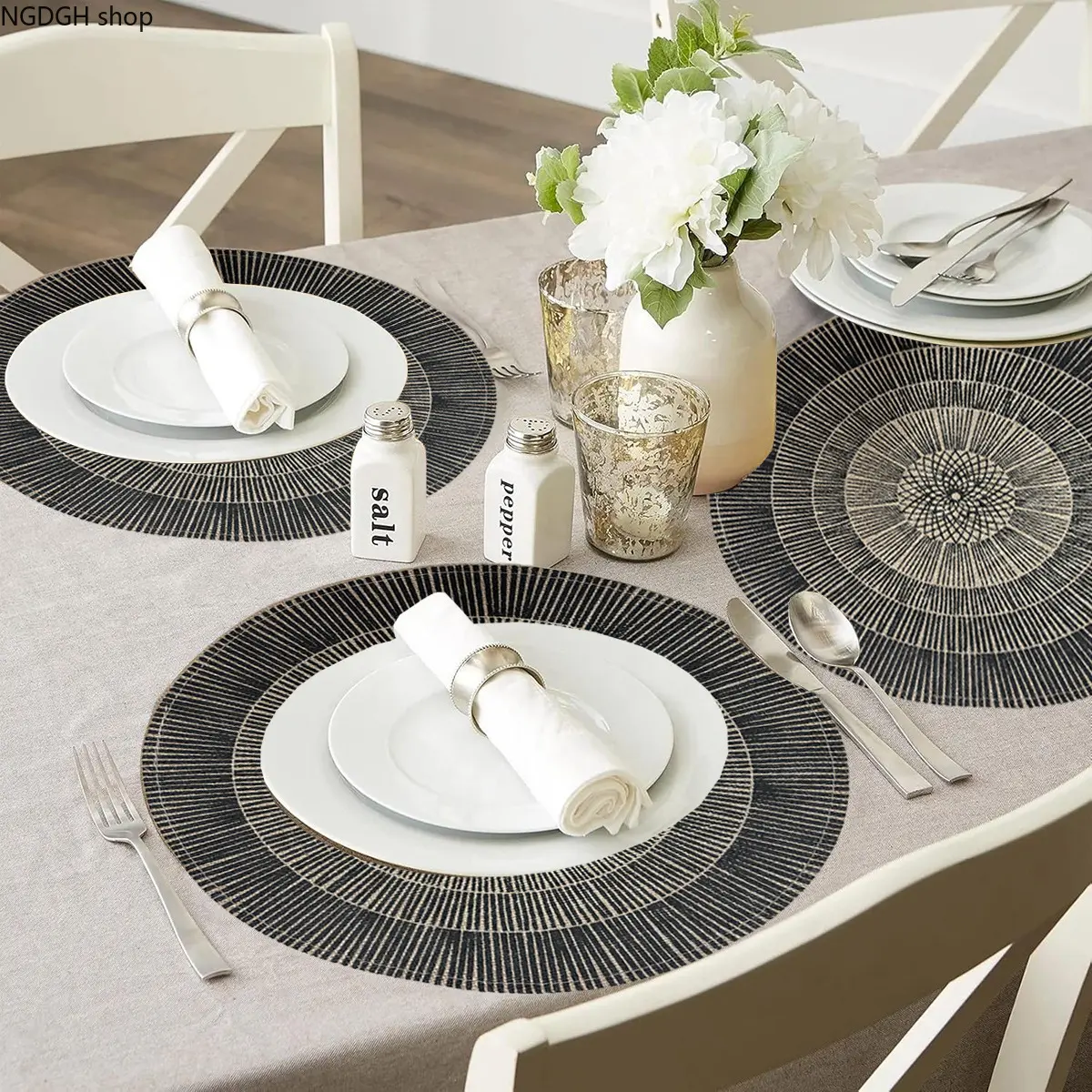 Round Shape Jute Fabric Kitchen Mat - Mandala Pattern, Black Beige, Boho Dining Table Decor, Kitchen Accessories, 60142 Black Folding Edge, Folding Edge, Boho Placemats, Place Mat, Kitchen Decorative Placemat