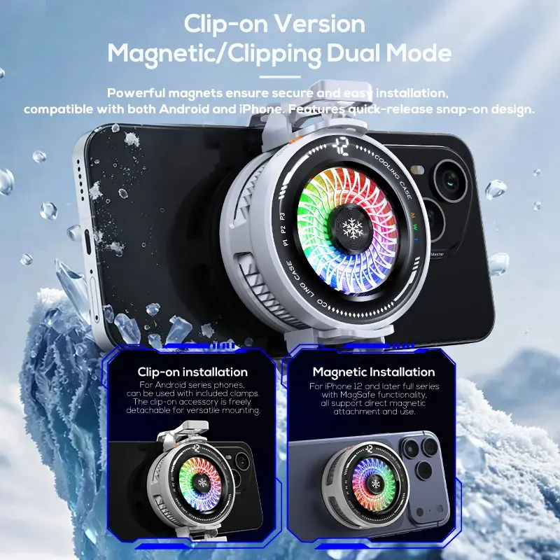 2-In-1 Magnetic Clip-On Phone Cooler, Magnetic Mobile Cooler, RGB LED Display, Quiet Cooling Fan, Multi-Gear Temp Control, Ideal for Gaming & Live Streaming, Silent Cooling Fan